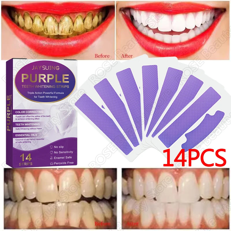 Purple Whitening Teeth Stickers 14 Pairs Gel Whitening Strips Stain Removal Oral Hygiene Care Strip Dental Bleaching Tools Teeth