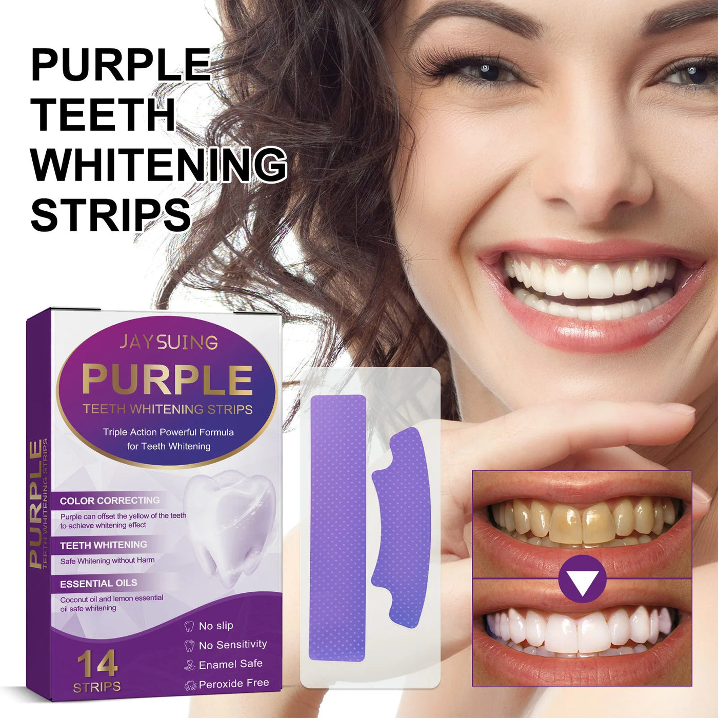 Purple Whitening Teeth Stickers 14 Pairs Gel Whitening Strips Stain Removal Oral Hygiene Care Strip Dental Bleaching Tools Teeth