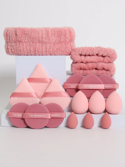 18 piece headband set. 1 hair band & 2 wrist bands & 3 make-up Sponges & 3 Mini Square Air Cushions & 3 triangular powder puff &